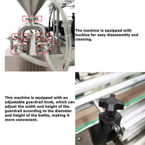No Sweat Desktop Fully Automatic Double Head Paste Filling Machine For Viscous Sauces And Syrups With 10 To 100 Ml Capacity showing adjustable guardrail knob and cleaning buckles.