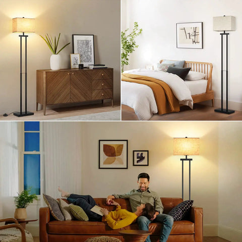 Modern Black Floor Lamp With Dual Poles And Fabric Shade Tall Reading Lamp With Foot Switch For Living Room Bedroom Office And Nursery Contemporary Farmhouse Style in various room setups