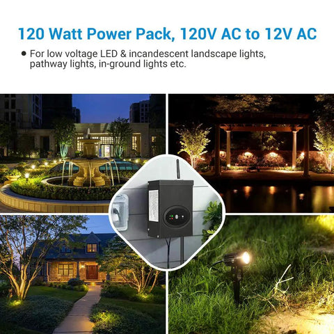 Smart WiFi Low Voltage Transformer 200W for outdoor lighting with schedule and timer, shown in use with pathway lights.
