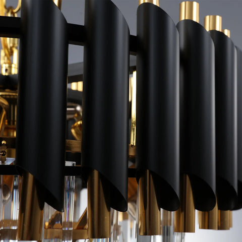 Close-up of Modern Round Black Crystal Chandelier With Adjustable Cord And Chain, detailing sleek black and gold design