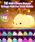 Kawaii Squishy Bunny Night Light For Kids With 16 Colors LED Glow Soft Silicone Bunny Lamp on display