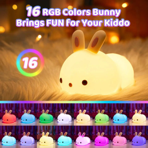 Kawaii Squishy Bunny Night Light For Kids With 16 Colors LED Glow Soft Silicone Bunny Lamp on display