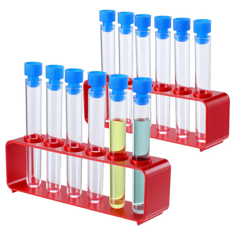 All In One Test Tube Rack Set With 12 Clear Test Tubes And Two Red Racks In Blue And Red Integrated Pack for science experiments