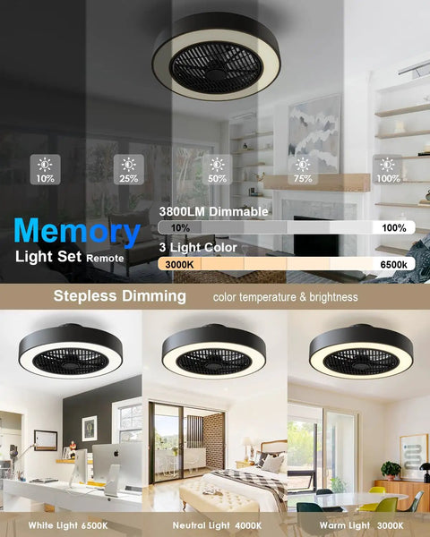 Enclosed Ceiling Fan With Lights Remote Control Low Profile Gray 20 Inch showing dimmable LED and color lighting modes.