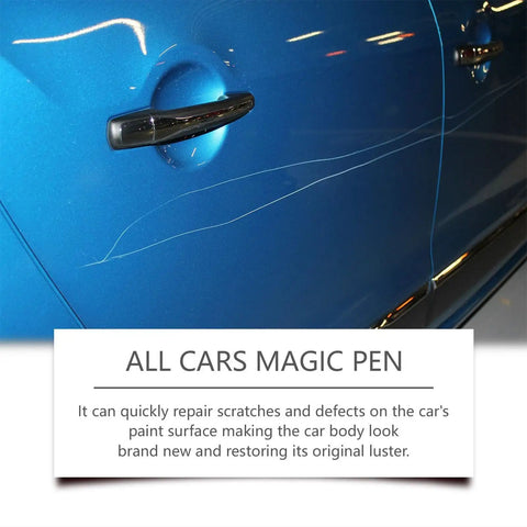 Scratch Repair Pen For Cars And More shown with visible scratches on blue car door highlighting repair capability