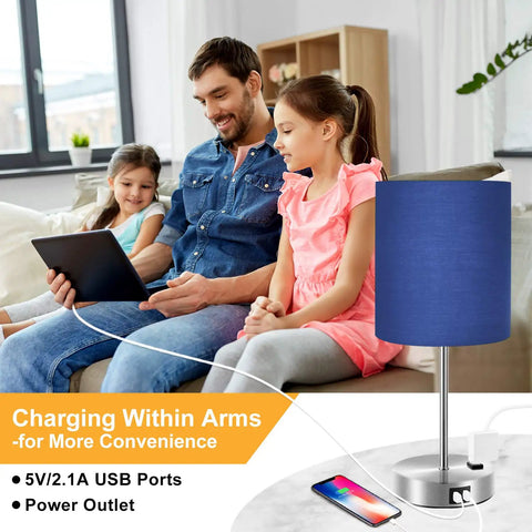 Touch Control Table Lamp Blue Shade Three Way Dimmable Lamp With Two Fast Charging USB Ports And Power Outlet placed on table.