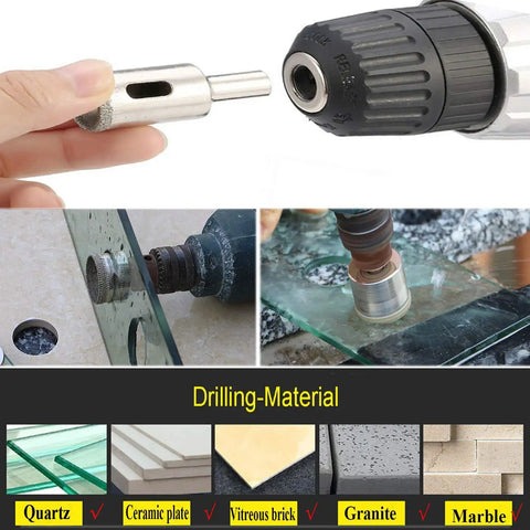 Pro Grade Diamond Drill Bit Set For Tile Glass Marble Granite And Fiberglass Core Hole Saw Nickel Plated Shank five pack in use on glasses and granite.