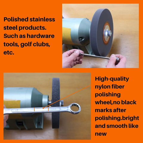 Premium Nylon Deburring Wheels 6 Inch, 180 Grit Silicon Carbide Buffing Pads 5 Pack on bench grinder polishing stainless steel tools.