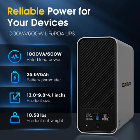 LiFePO4 Lithium UPS Backup Power System With 1000VA 600W, 8 Outlets, Sine Wave Inverter, LCD Display, Surge Protector shown