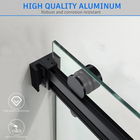 Close-up of Frameless Double Sliding Shower Door With Adjustable 56 To 60 Inch Width And 76 Inch Height, 8mm Clear Tempered Safety Glass, Matte Black Stainless Steel Hardware.