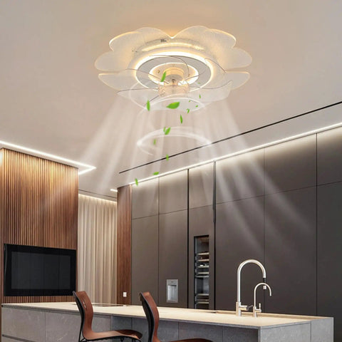 Ceiling Fan with Light 18.5 inch App Control Flush Mount Low Noise 6 Gears with modern flower design in kitchen.