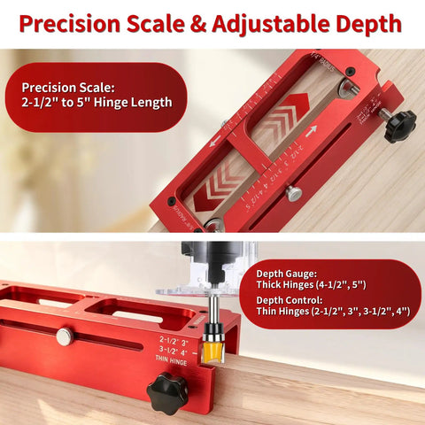 Heavy Duty Door Hinge Jig For Router Rock Solid 6061 Aluminum adjustable depth control for thin and thick hinges.