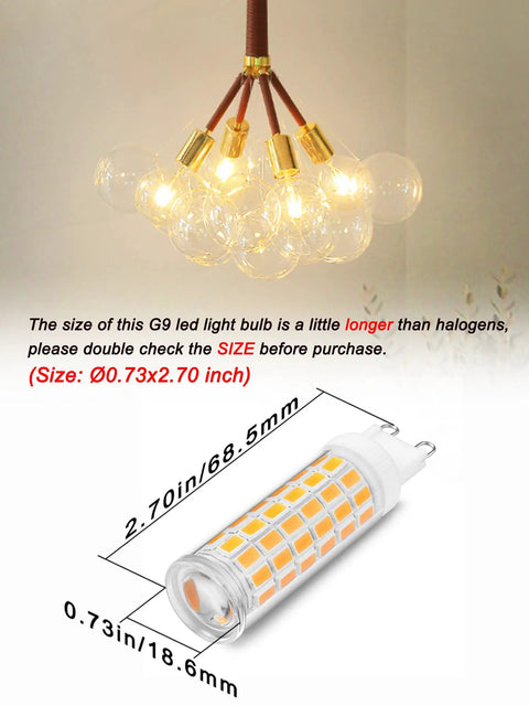 Diagram showing G9 LED Bulbs 75W 80W 100W Halogen Equivalents, 1000 Lumen Soft Warm White 3000K, with size measurements