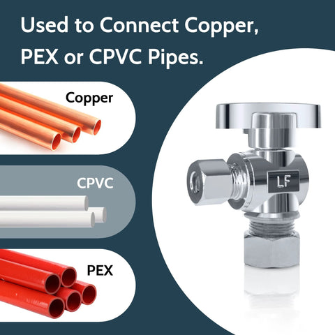 Front view of VINTEX 5-pack chrome-plated brass angle stop valve; 1/2 in NOM x 3/8 in OD compression, copper, CPVC, PEX.