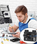 Nonslip Adjustable Soldering Aid Clamp Fixture for Precise Wire Welding in use by a technician, shown with tools and electronics setup.
