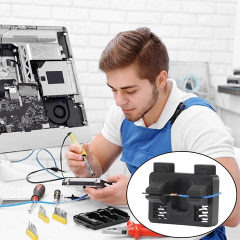 Nonslip Adjustable Soldering Aid Clamp Fixture for Precise Wire Welding in use by a technician, shown with tools and electronics setup.