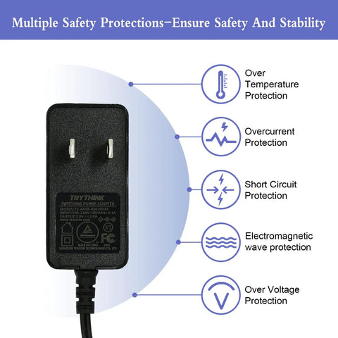 5V 2A DC Power Adapter With 9 Interchangeable Jacks 5.5x2.1mm showing safety protection features