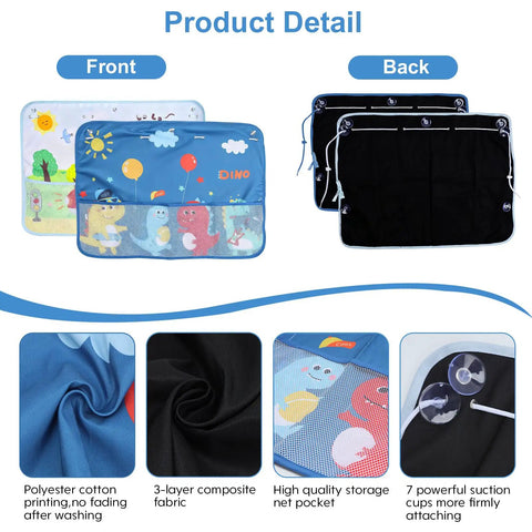 Front and back view of Two Pack Baby Car Sun Shades For Side Windows 26.8 By 19.7 Inches with Dinosaur Cartoon Design and Suction Cups