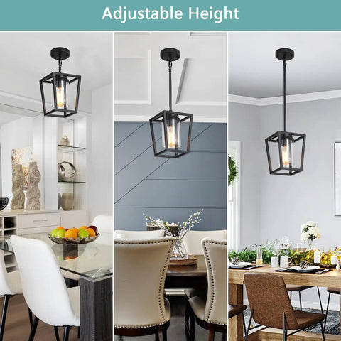 Black Pendant Light For Kitchen Island, 1 Light Modern Farmhouse Cage Lantern With Glass Shade installed in dining areas