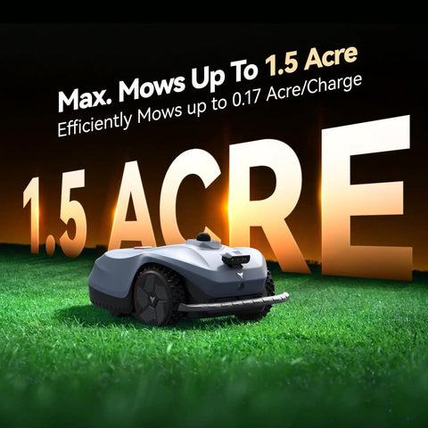 X2 Pro Auto Mapping Robot Lawn Mower on grass, covers up to 1.5 acre, with perimeter wire-free setup and LiDAR AI vision