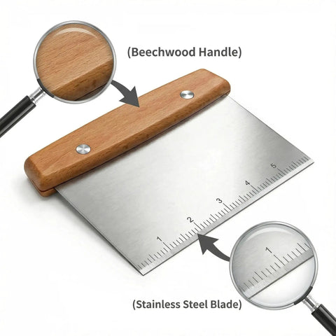 Heavy Duty Stainless Steel Dough Cutter And Bench Scraper Kitchen Essential For Nailing Cookie Dough Pastry Pie Crusts with beechwood handle.