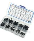 Open box of Metric M2.5 Nylon Phillips Pan Head Screws Nuts Flat Washers Assortment Kit Black PA66 360 Pcs with compartments.