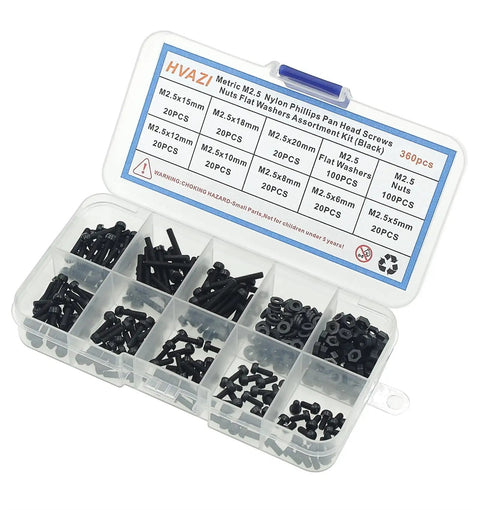 Open box of Metric M2.5 Nylon Phillips Pan Head Screws Nuts Flat Washers Assortment Kit Black PA66 360 Pcs with compartments.