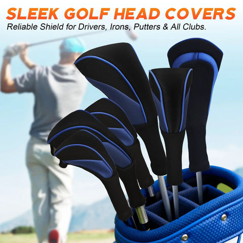 3 Piece Golf Head Cover Set For Driver And Fairway Woods With Long Neck Mesh Breathable Design And Interchangeable Tags In Blue