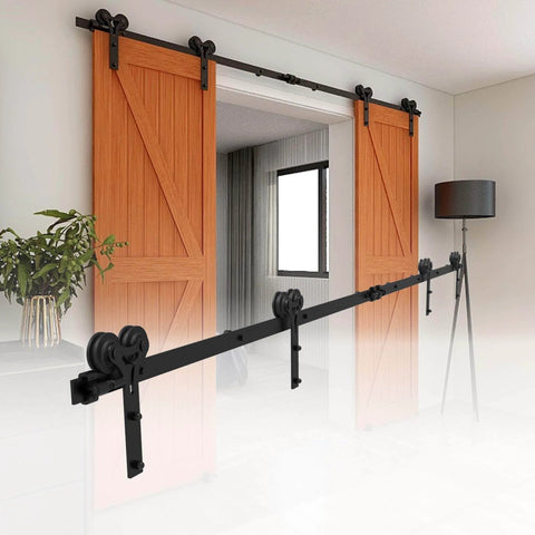 12ft Sliding Barn Door Hardware Kit With Floor Guide And Premium Nylon Roller Wheels For Double Wooden Doors Up To 36 Inch Wide