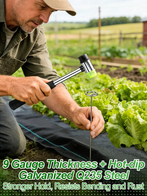 Person using hammer to install 12 Inch Landscape Staples With Hook And Hammer Kit 60 Count Circle Top Garden Stakes For SOD And Edging.