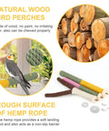 Top Shelf 3 Piece Natural Wood Bird Perch And Chew Toy Set For Cockatiels Budgies Parakeets showcasing wooden perches and hemp rope.
