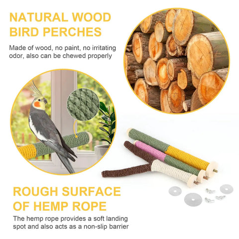 Top Shelf 3 Piece Natural Wood Bird Perch And Chew Toy Set For Cockatiels Budgies Parakeets showcasing wooden perches and hemp rope.