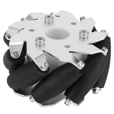 DAREBUDA 4-piece 100mm steel Mecanum wheel set with rubber rollers on aluminum chassis, front view
