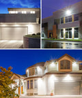 Beast 200W LED Flood Light Twin Pack With Plug 17500 Lumen illuminating garages and building exteriors in evening