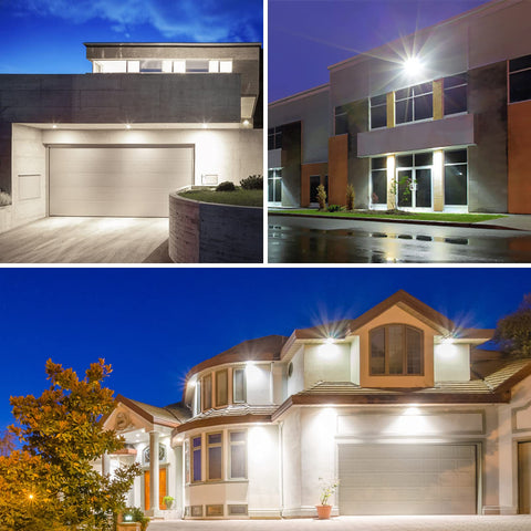 Beast 200W LED Flood Light Twin Pack With Plug 17500 Lumen illuminating garages and building exteriors in evening