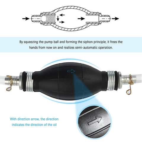 Close-up view of Big Flow Fuel Transfer Kit with direction arrow on siphon hose indicating oil flow direction.