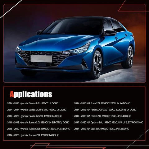 Image of a blue Hyundai Elantra highlighting compatible models for Timing Chain Kit With Intake And Exhaust CVVT Gear Sprockets.