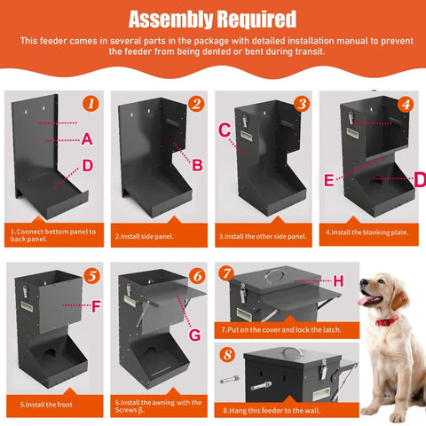 Assembly steps for Set And Forget Outdoor Dog Feeder With Sturdy Rain Cover 25 Pound Gravity Kibble Bowl for large breeds.