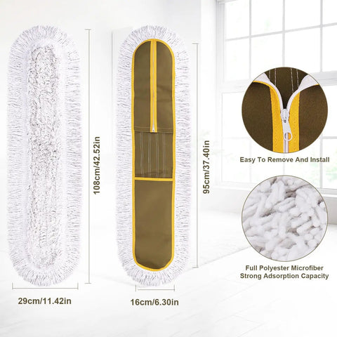 Heavy Duty Microfiber Dust Mop Head 3 Pack 36 Inch with white microfiber and brown holder, ideal for quick cleaning tasks.