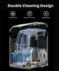 Countertop nugget ice maker in black, transparent cutaway view showing internal components and water flow.