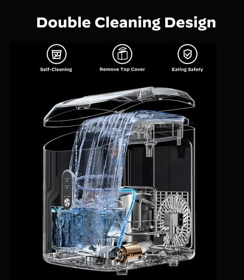 Countertop nugget ice maker in black, transparent cutaway view showing internal components and water flow.