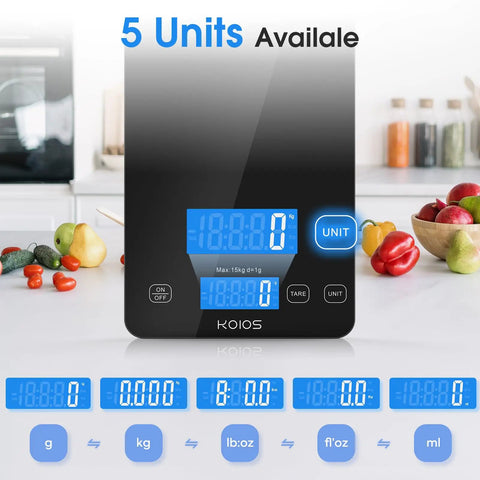 Dialed In Kitchen Scale For Precise Cooking And Baking With 33 Pound Capacity Digital Food Scale 1g 0.1oz Graduation Tare Function Type C Charging LCD Display Anti Slip Grams And Ounces Black on kitchen counter with colorful produce.