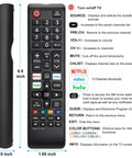 Two Pack Universal TV Remote Control For Most Smart TVs And LED LCD HDTVs 3D Series No Setup Needed Just Insert Batteries Great Backup Remote Replacement Works Right Out Of The Box, showing remote buttons and dimensions