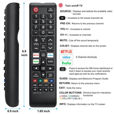 Two Pack Universal TV Remote Control For Most Smart TVs And LED LCD HDTVs 3D Series No Setup Needed Just Insert Batteries Great Backup Remote Replacement Works Right Out Of The Box, showing remote buttons and dimensions