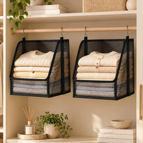 Hangable Closet Shelf Organizer With Soft Fabric Storage Bin to Safeguard Delicate Threads Tidy Dorm Rooms and Small Spaces, featuring stacked sweaters in black fabric bins.