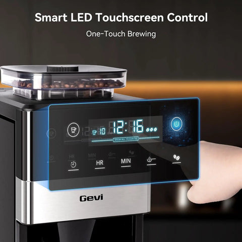 10 Cup Grind And Brew Coffee Maker Featuring A Sleek Touch Display, programmable control for easy brewing.
