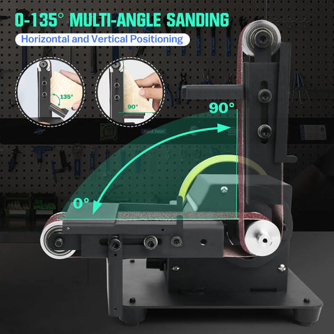Slick 4 In 1 Mini Table Saw With Led Voltage Display And 7 Adjustable Speeds For No Fuss Crafting And Woodworking Featuring 10 Sanding Belts Plus 90 Degree Adjustable Belt Sander Dual Bench Grinder And Polishing Wheel Kit showing multi-angle sanding with 0-135° positioning.