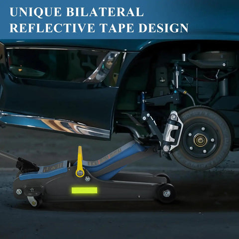 2.5 Ton Heavy Duty Hydraulic Floor Jack With Low Profile Design lifting car, reflective tape visible, blue gray color, garage use