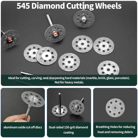 All In One Pro Grade 65 Piece Rotary Tool Kit With Diamond Cutting Wheels Resin Cut Off Discs HSS Circular Saw Blades Sanding Bands And Aluminum Oxide Bits For Wood Plastic Glass Metal Gem And Jade Projects, 545 diamond cutting wheels