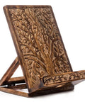 Hand Carved Tree Of Life Cookbook Stand With Adjustable Foldable Reading Holder, eco-friendly mango wood, made in India.
